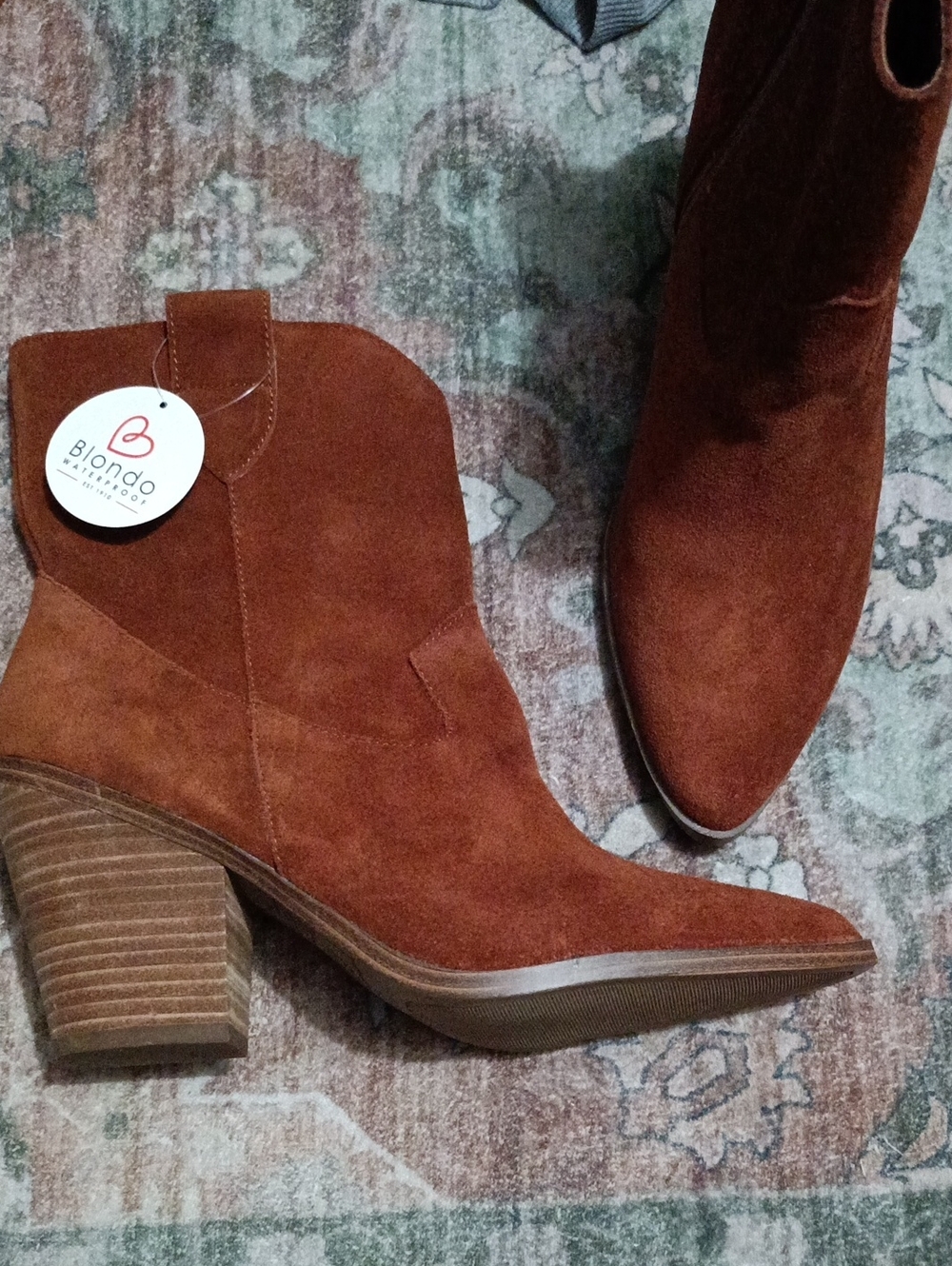 Blondo Rust Suede Pointed-Toe Ankle Boot with Stacked Heel